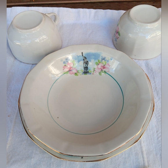 Saxon China 4 piece 1920s 1930s Statue of Liberty Bowl Plate and tea cups - Picture 2 of 13